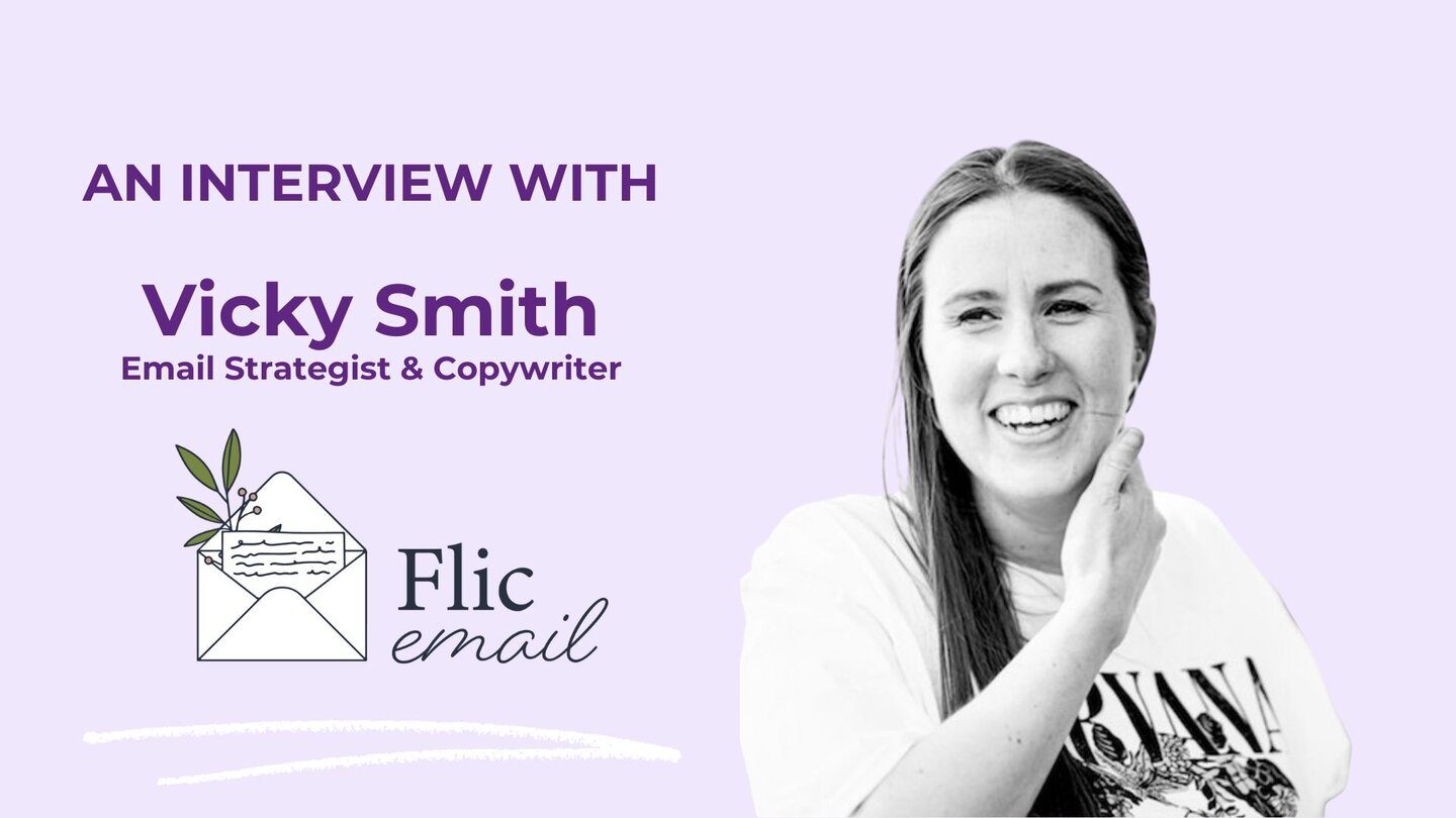 A black and white photo of Vicky Smith of Flic Email with a lavender background.