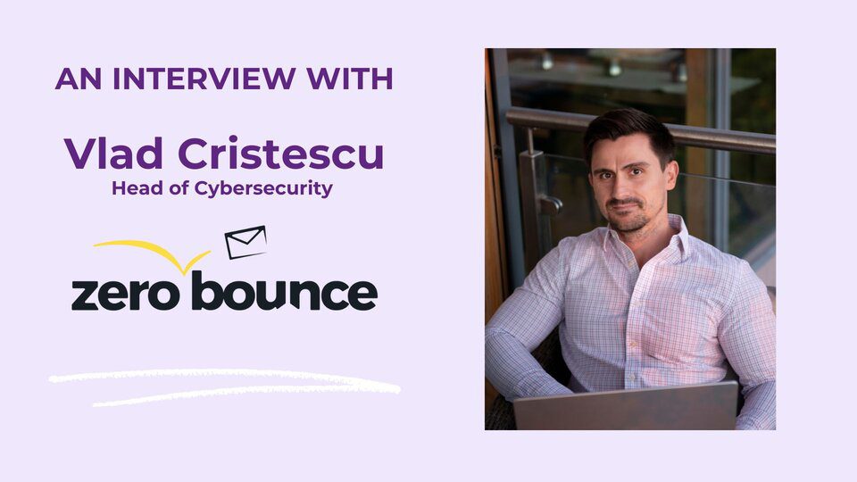 Cybersecurity expert Vlad Cristescu is shown on a lavender background, dressed smartly in a long-sleeve shirt.