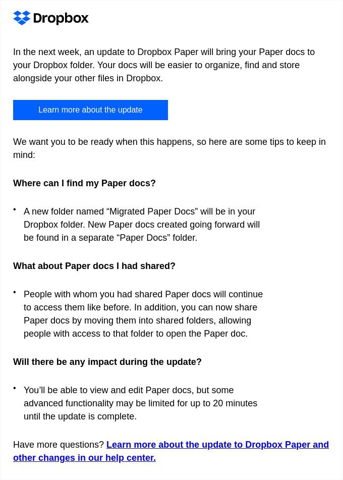 Screenshot of B2B email from Dropbox highlighting a product update that benefits the user