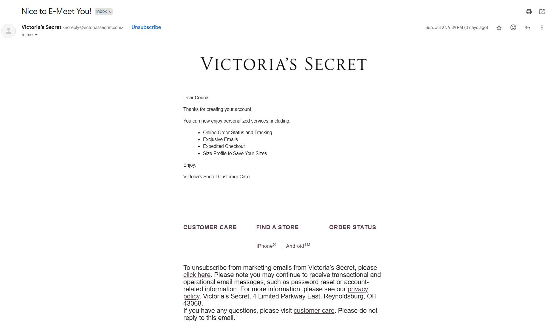 Screenshot of Victoria's Secret welcome email introducing the brand and highlighting customer benefits