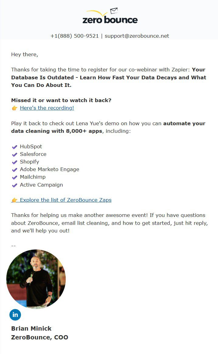 Screenshot of ZeroBounce email shown for the purpose of illustrating how an educational B2B email would look like