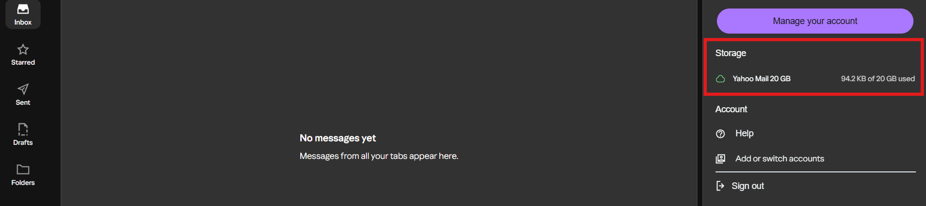 A Yahoo Mail inbox with a menu open that shows the user's current remaining storage out of 20 GB.