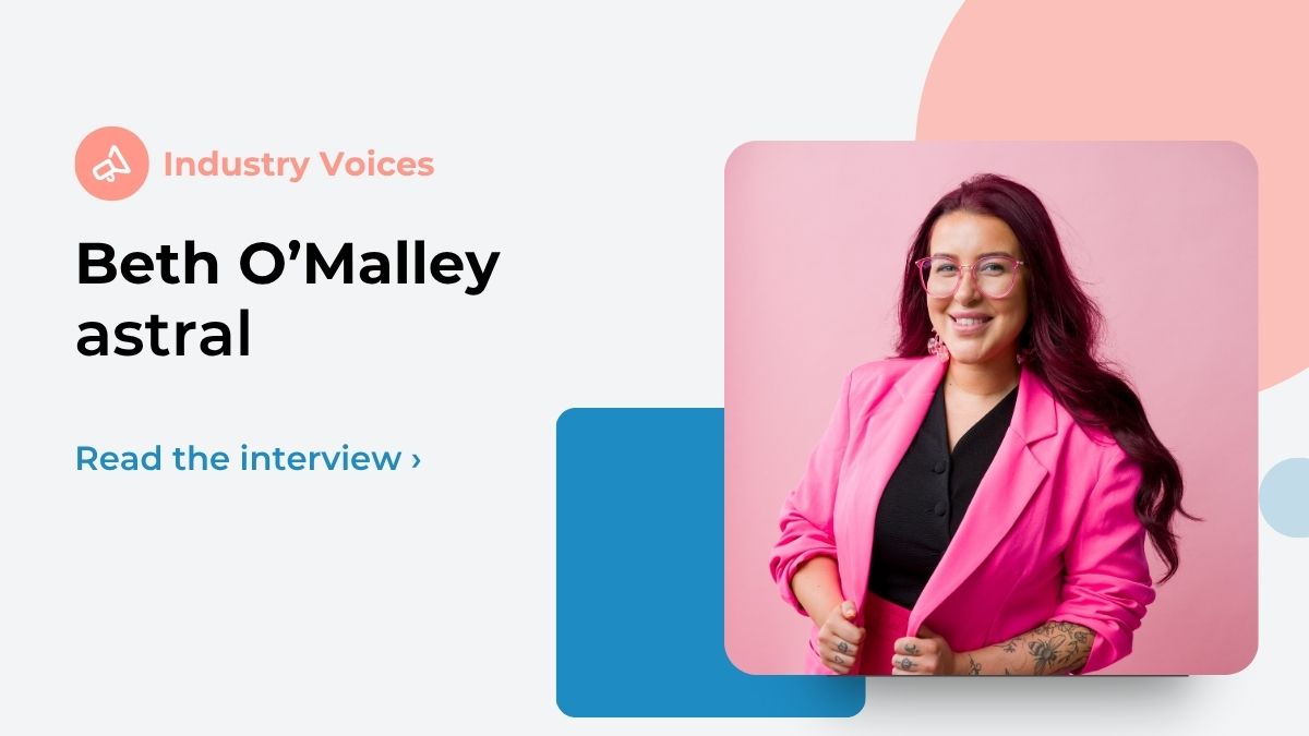 Email marketing queen Beth O'Malley is shown wearing a pink blazer and spectacles amidst pastel shape elements.
