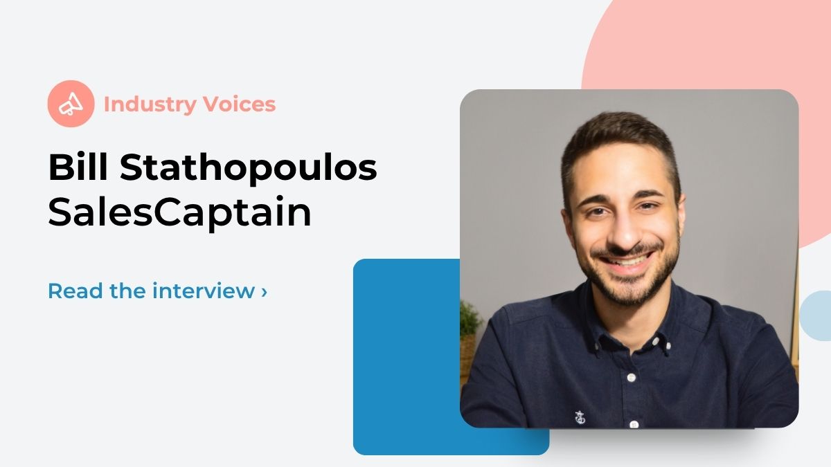 SalesCaptain CEO Bill Stathopoulos is shown with a gray background among pastel shape elements.