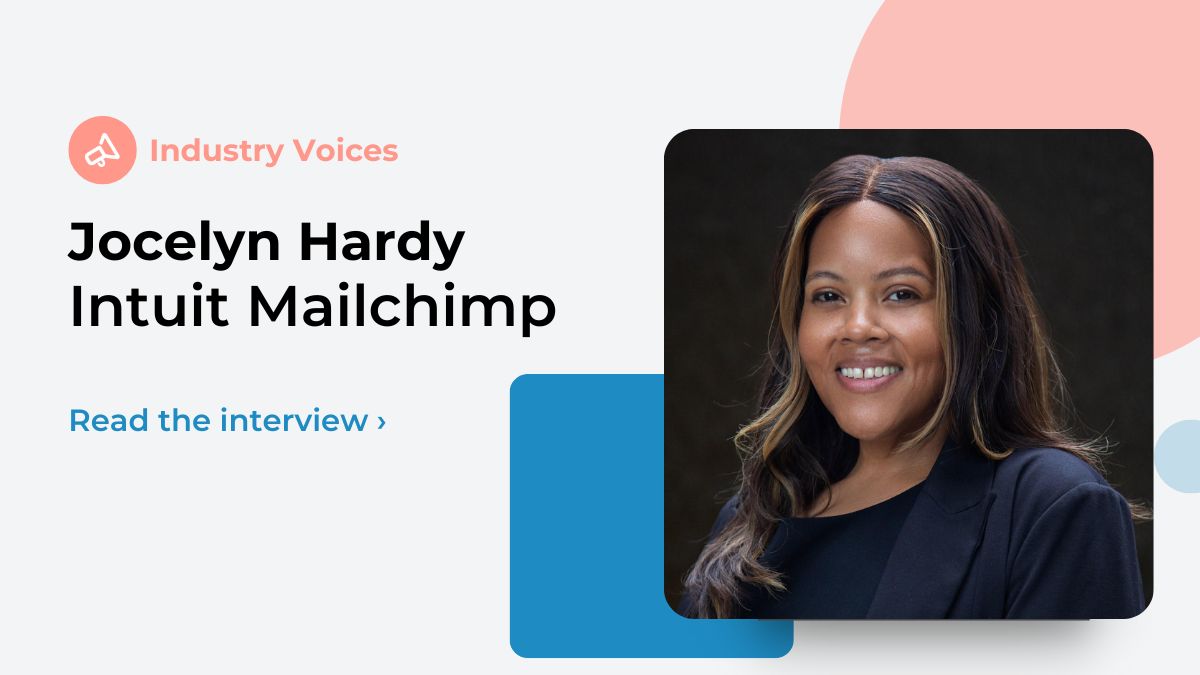 Jocelyn Hardy of Intuit Mailchimp is shown on a background with pastel shape elements.