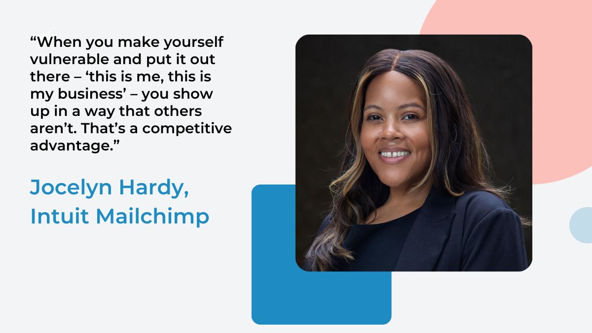 Photo of Jocelyn Hardy amidst pastel shape elements.