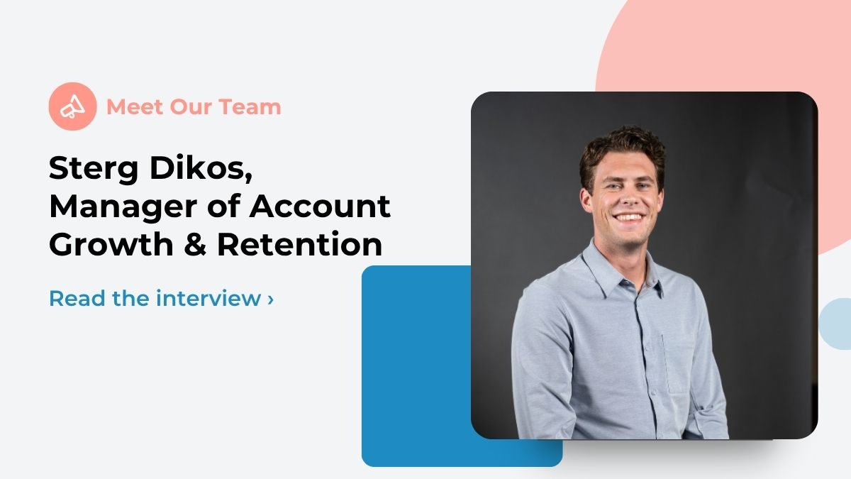 Sterg Dikos is shown on a background with pastel shape elements.