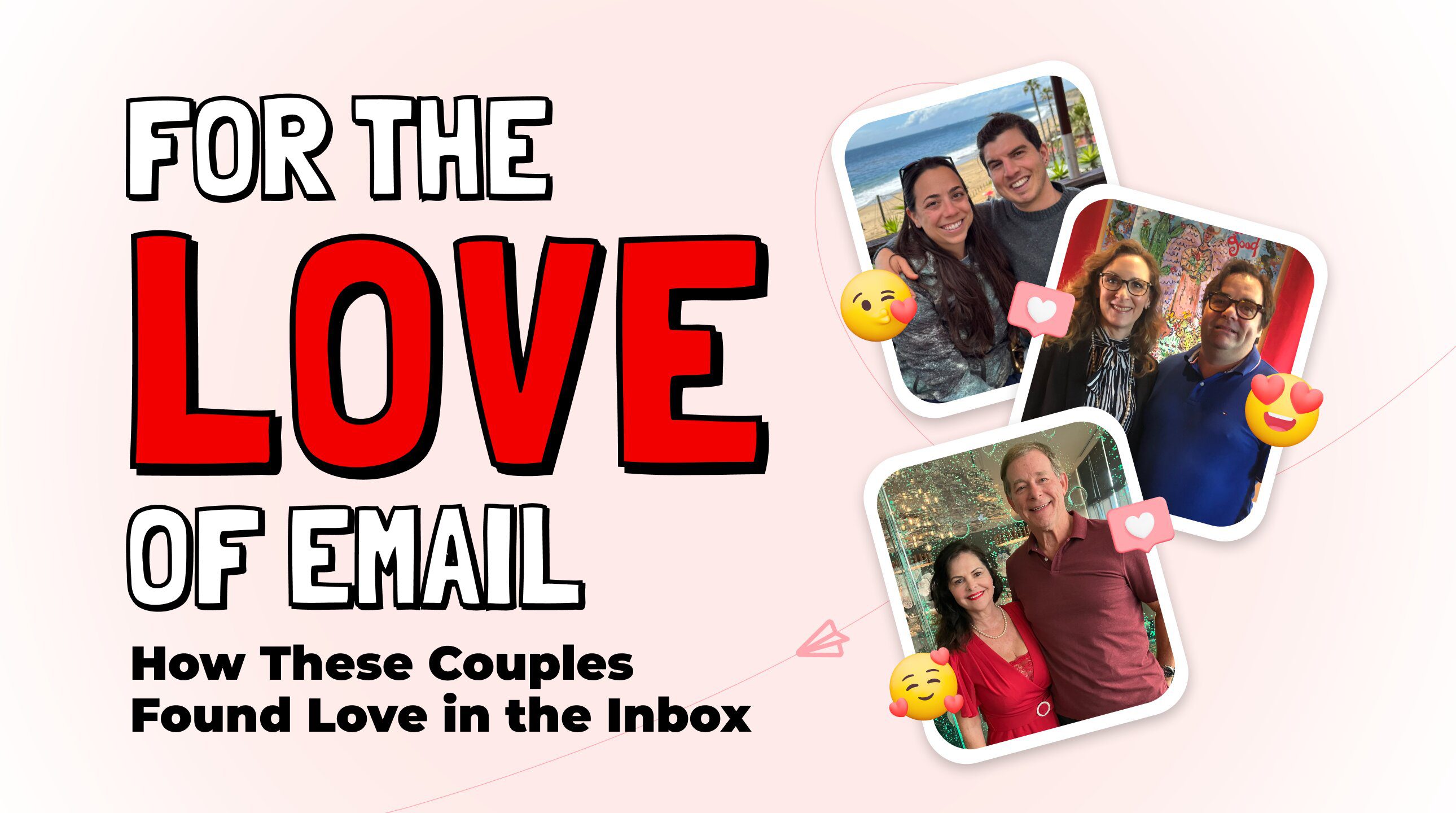 Couples who found or maintained love through email are shown on a light pink background.