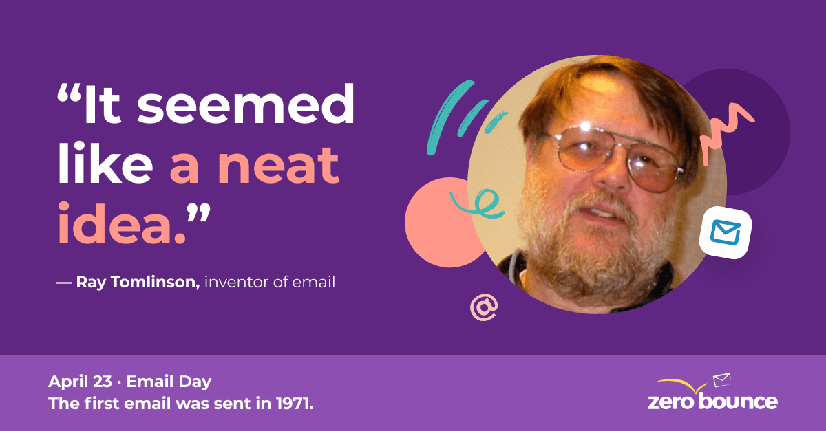 Email creator Ray Tomlinson on a purple background with squiggly shapes.