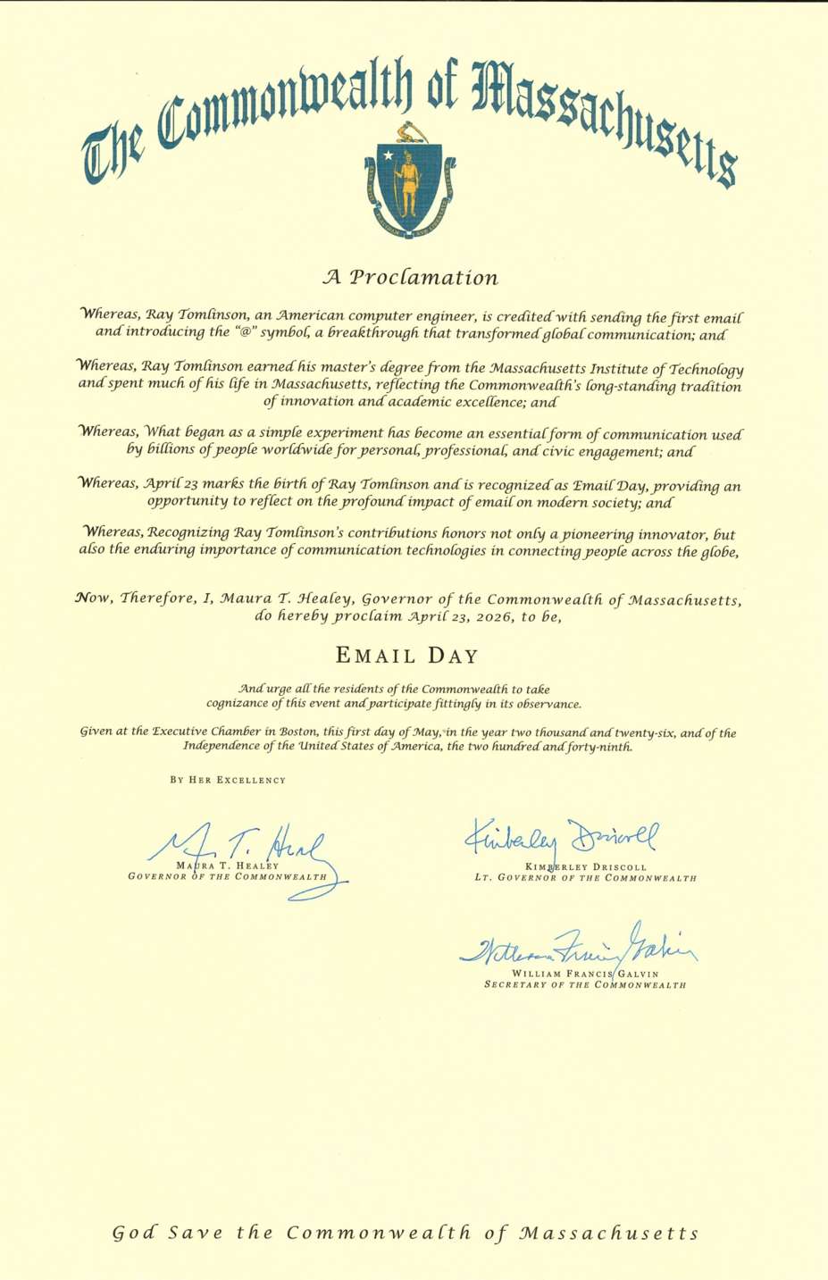 Official Proclamation of the Commonwealth of Massachusetts, establishing Email Day on April 23, 2026.