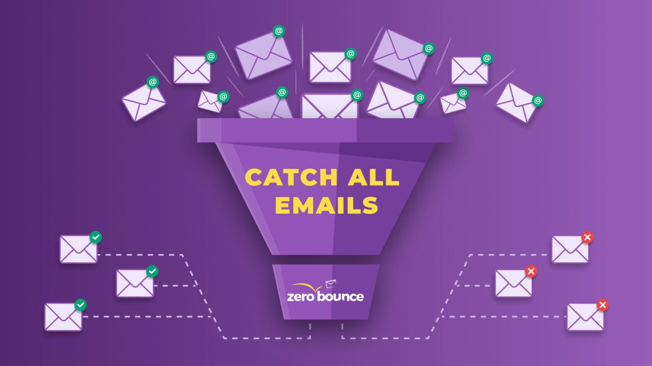Email design elements shown on dark purple background illustrating how ZeroBounce has improved catch-all email validation
